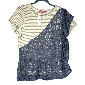 Eva Franco Womens Knit Top Sz 6 Ivory Striped Lace Overlay Bohemian Artsy Indie